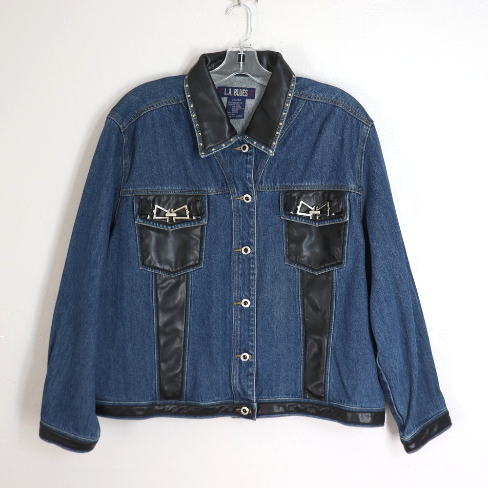 Vtg LA Blues Denim Jean Jacket Women Plus Size 22W Stud Faux Leather Trim